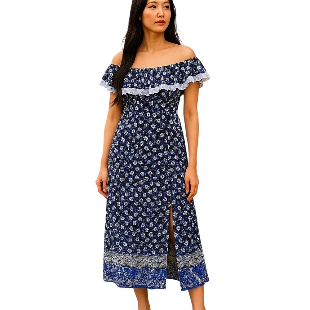 Floral Maxi Dress Blue Lovers + Friends Womens Size L front/Side slit Lace Trim